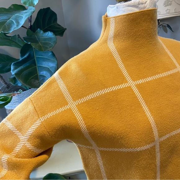 Max Studio | Mustard Yellow Mock Turtle Neck Sweater with Cream Accents | Small - Picture 7 of 13